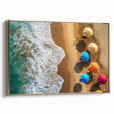 Vintage poster art of a Caribbean scene on framed canvas, featuring vibrant colors and a black border.