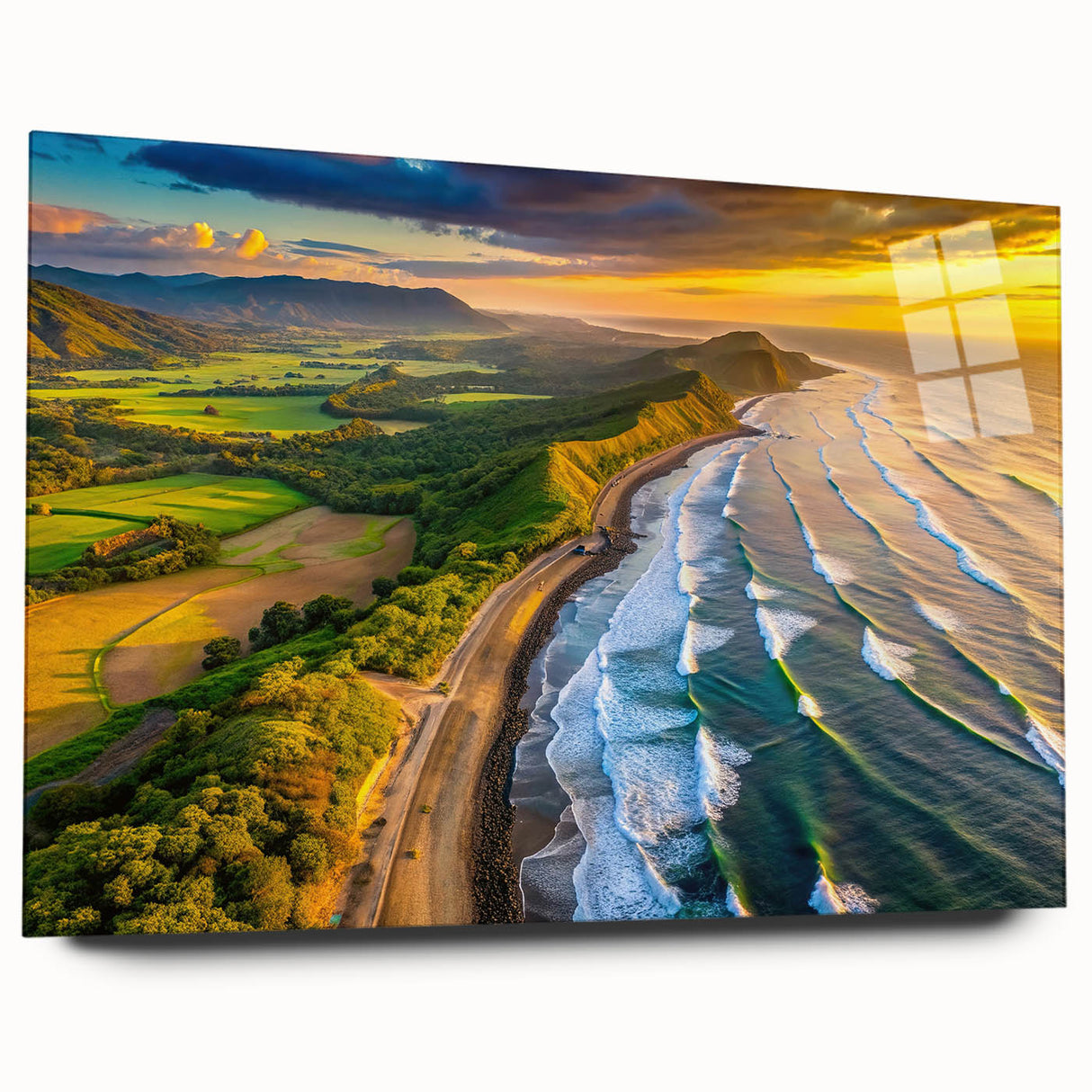Large abstract wall art of El Salvador scenery in vibrant colors on acrylic glass, suitable for bedroom or dining room decor.
