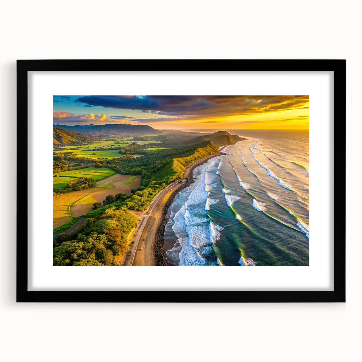 Colorful abstract art print of Central American scenery in a black frame, ideal for living room decor.