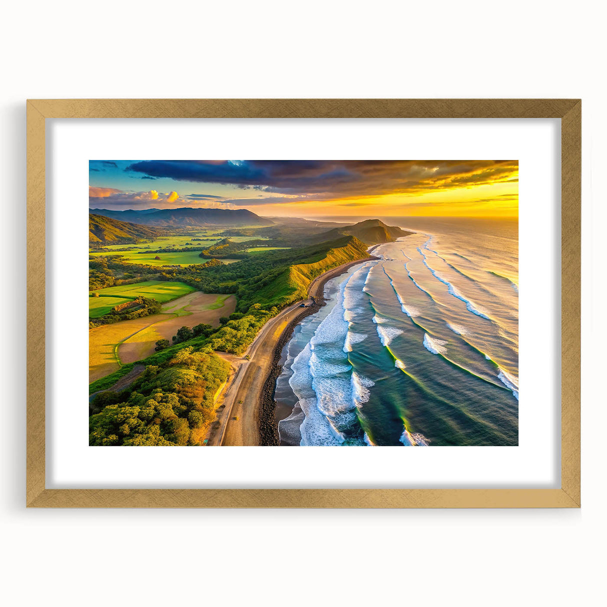 Extra large abstract art print of Central American scenery in gold frame, ideal for living room decor.