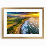 Extra large abstract art print of Central American scenery in gold frame, ideal for living room decor.