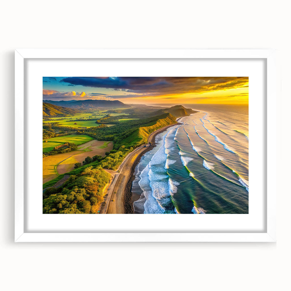 Abstract art print of a Central American landscape in muted green and blue tones, framed with a white mat.