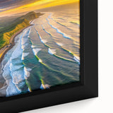 Extra large framed canvas featuring a textured depiction of a Central American scenery in black with colorful art accents.