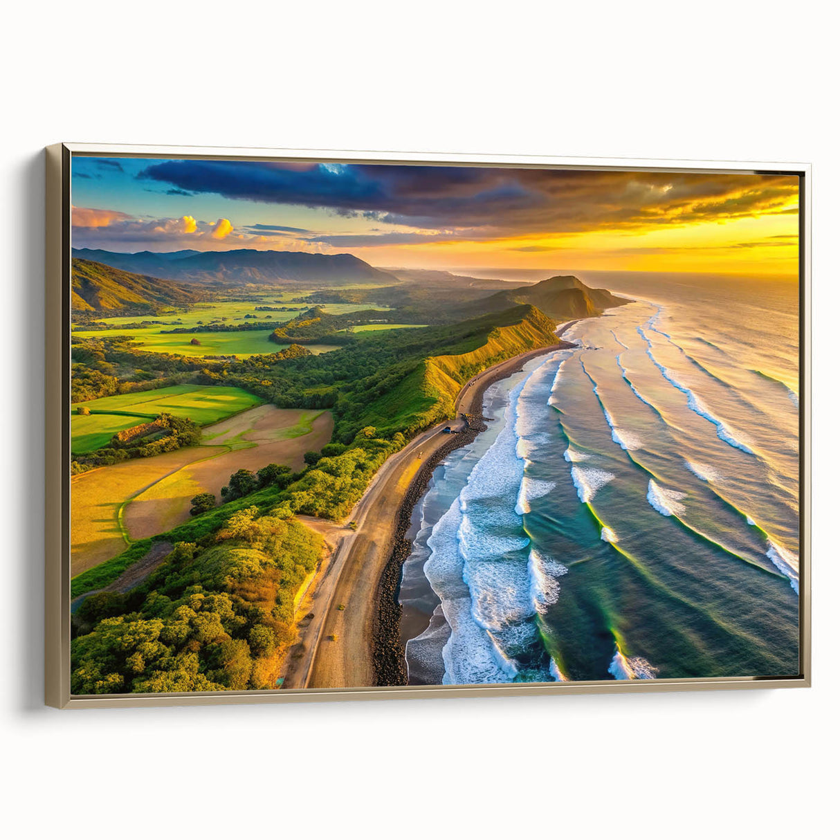 Framed canvas featuring a vintage-style landscape painting of El Salvador with black and gold tones, ideal for bedroom decor.