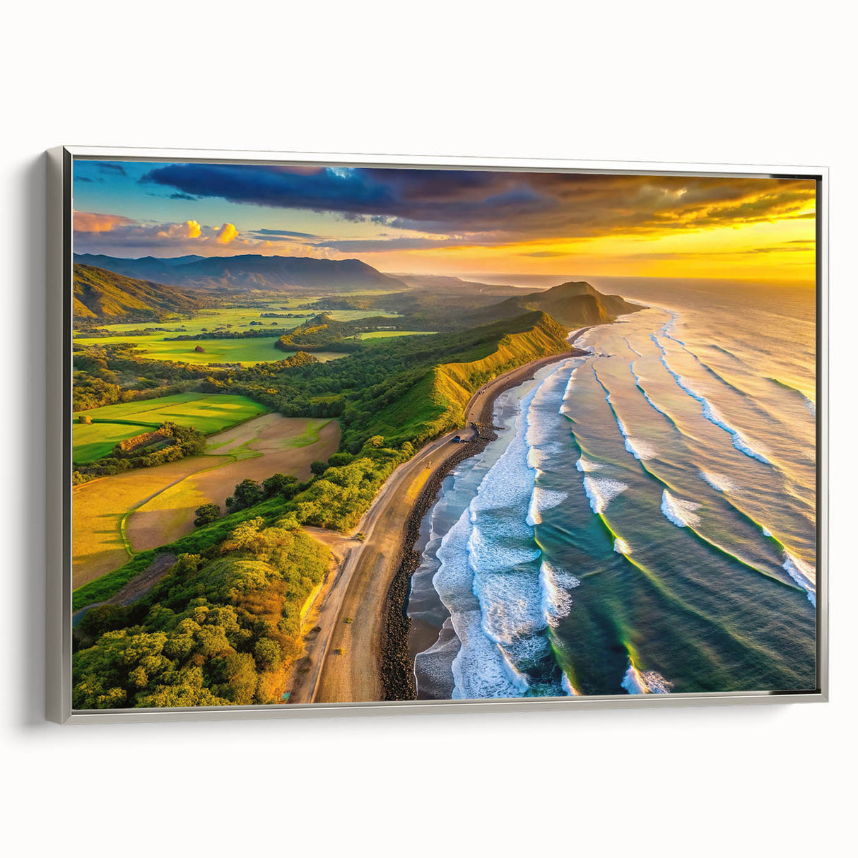 Landscape art painting of a Central American scenery on a silver-framed canvas.