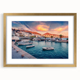 Abstract art print of a European landscape in gold frame, featuring muted earth tones, ideal for dining room decor.