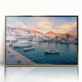 Art deco poster of an Albanian landscape, in muted gold tones on framed acrylic, suitable for modern art wall decor.