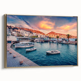 Framed canvas of a vintage-style Albanian landscape in muted gold and black tones, ideal for bedroom wall art.