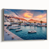 Landscape art painting of an Albanian scenery on framed canvas, featuring vibrant colors with a vintage poster style.