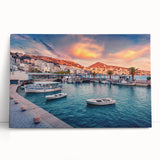 Black and white photograph of a European street scene on a large stretched canvas, suitable for kitchen wall art.