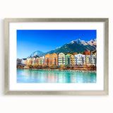 Extra large abstract art print depicting a textured European scenery in muted earth tones, framed in silver.