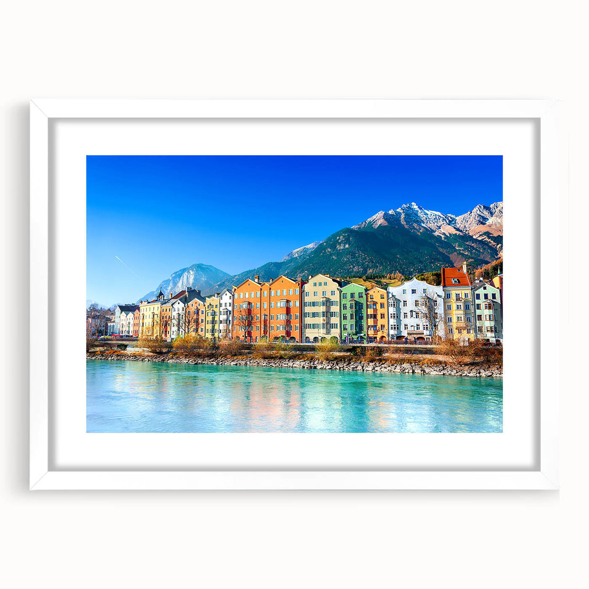 Textured abstract art print of a European scenery in muted earth tones on a framed white mat, suitable for bedroom decor.
