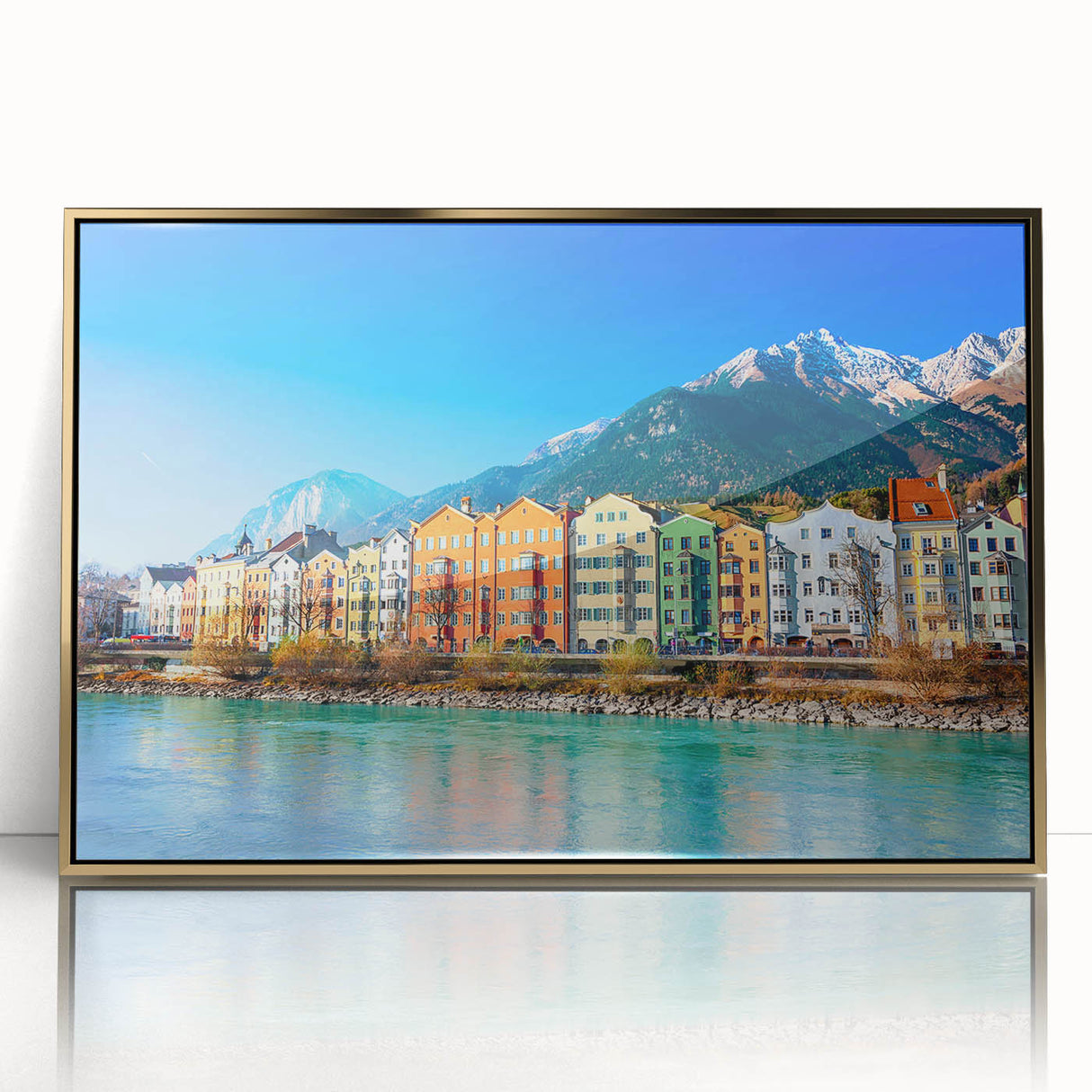 Art deco poster of a European scenery in Austria with muted gold tones on framed acrylic, suitable for nursery wall art.