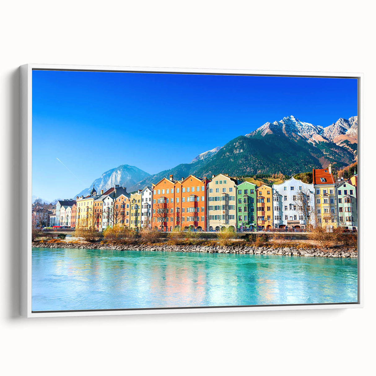 Vintage poster art of a European Austrian landscape in vibrant colors on a large framed canvas, ideal for living room decor.