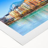 Art deco poster of a serene Austrian landscape in muted green and blue tones on rolled canvas.