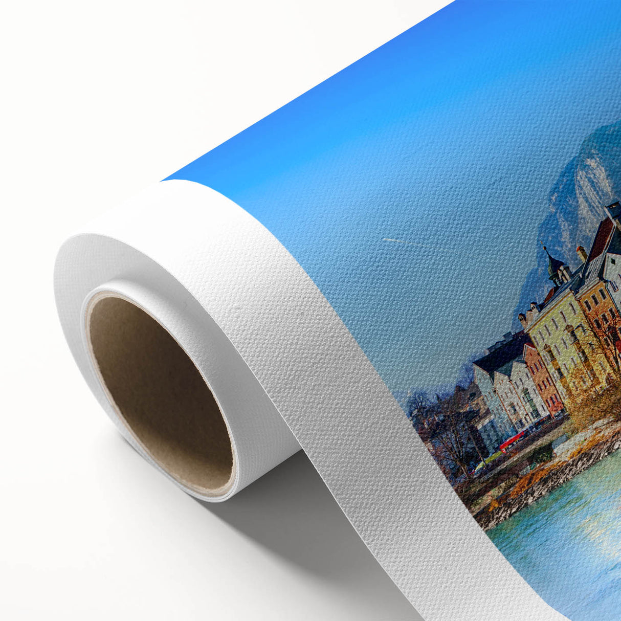 Art Deco style poster of a serene Austrian landscape, pastel colors on rolled canvas, ideal for nursery wall art.