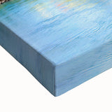 Large art of a black and white landscape painting of a European mountain scene on stretched canvas.