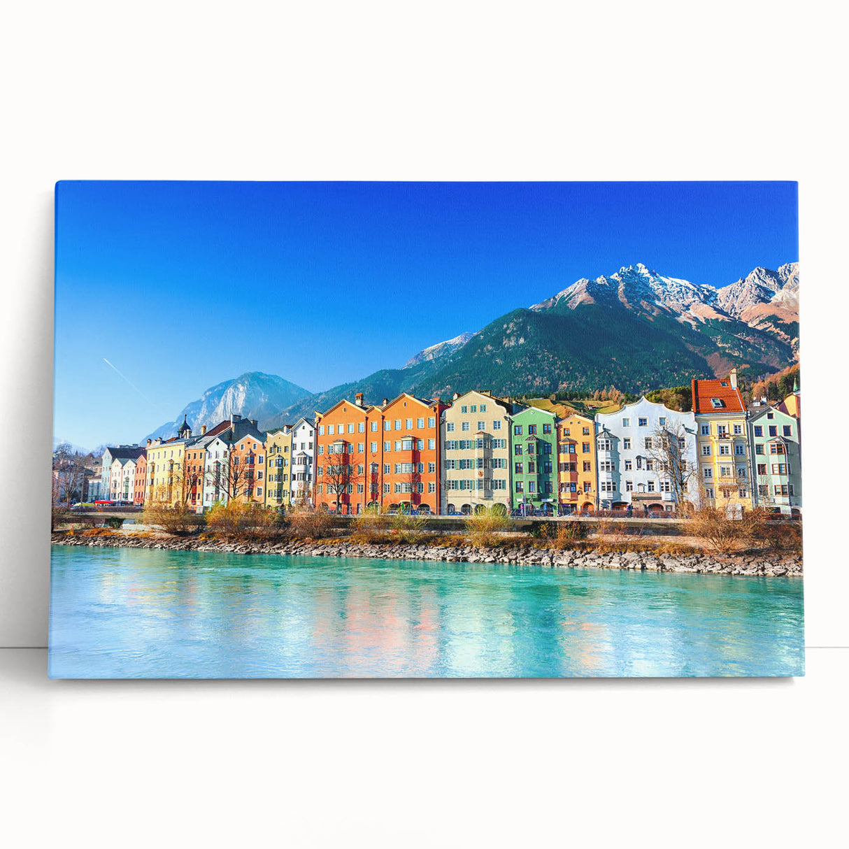 Black and white photograph of a European street scene on a large stretched canvas, ideal for kitchen wall art.