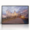 Large abstract wall art depicting a European scenery in muted earth tones on a framed acrylic.