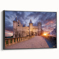 Black and white vintage poster art of a European landscape on framed canvas, suitable for bedroom decor.