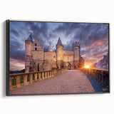 Black and white vintage poster art of a European landscape on framed canvas, suitable for bedroom decor.