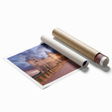 Extra large rolled print of a European scenery with vibrant floral elements, ideal for classy bathroom wall art.