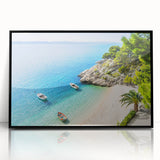 Large abstract wall art depicting a Croatian landscape in muted earth tones, framed in black acrylic.