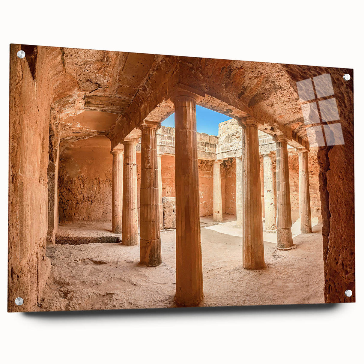 Large abstract wall art of a European Cyprus scenery on acrylic glass, suitable for bedroom or dining room decor.