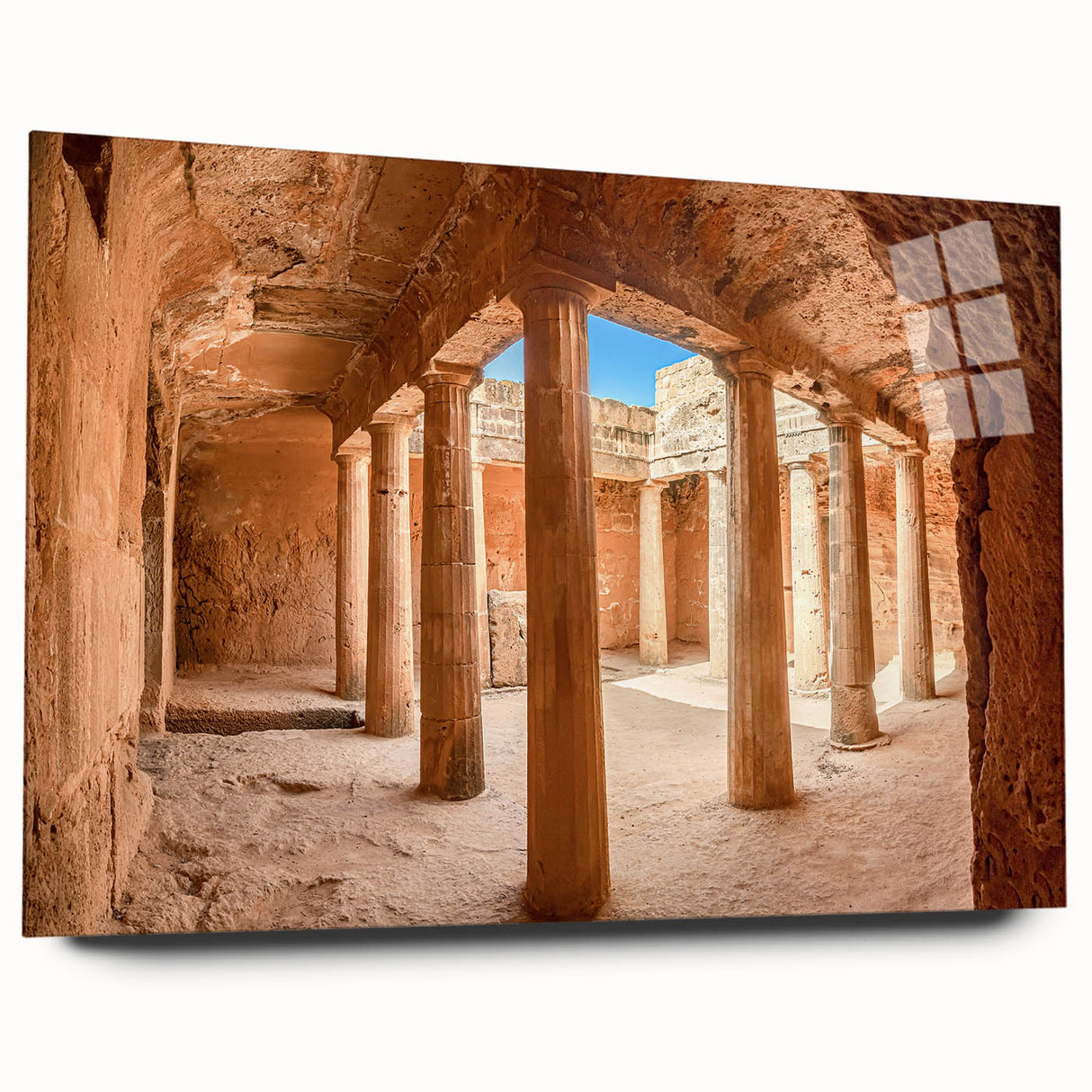 Large abstract wall art of a European Cyprus scenery in muted earth tones on acrylic glass.