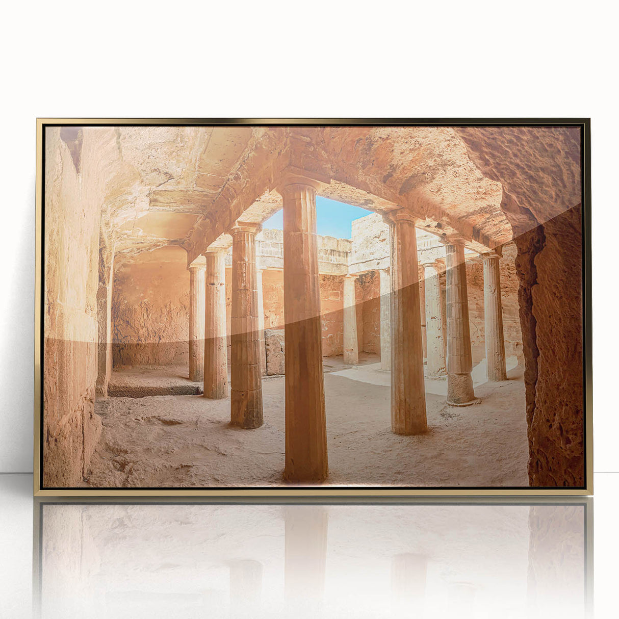 Art Deco style poster of a European Cyprus landscape in gold and blue hues, framed acrylic, ideal for modern art wall decor.