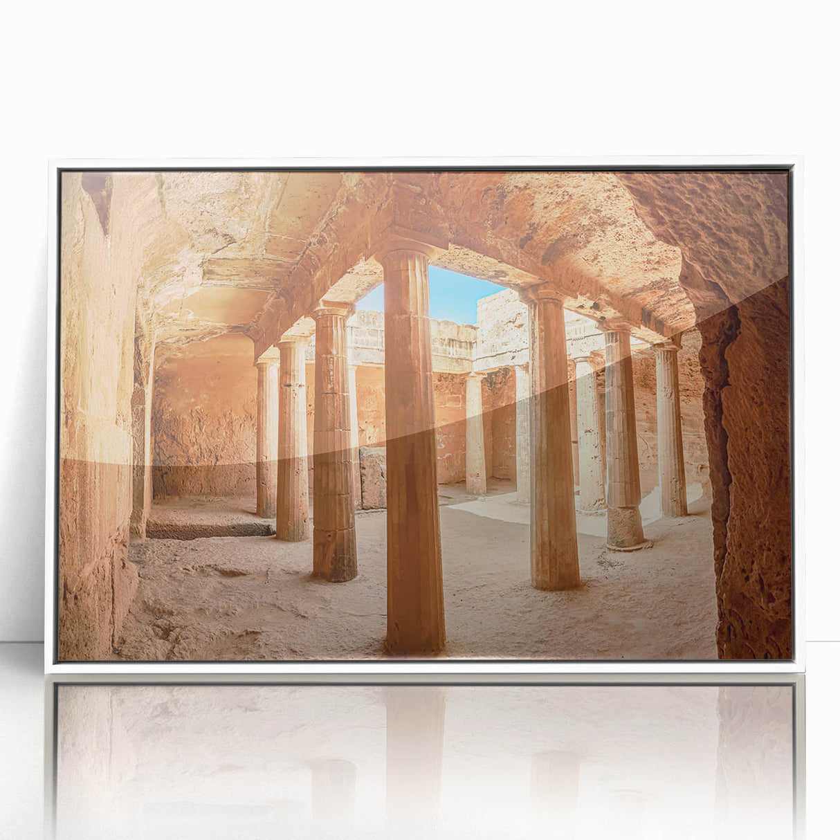 Mid-century modernist art of a European Cyprus landscape in muted earth tones, acrylic framed, ideal for nursery wall decor.