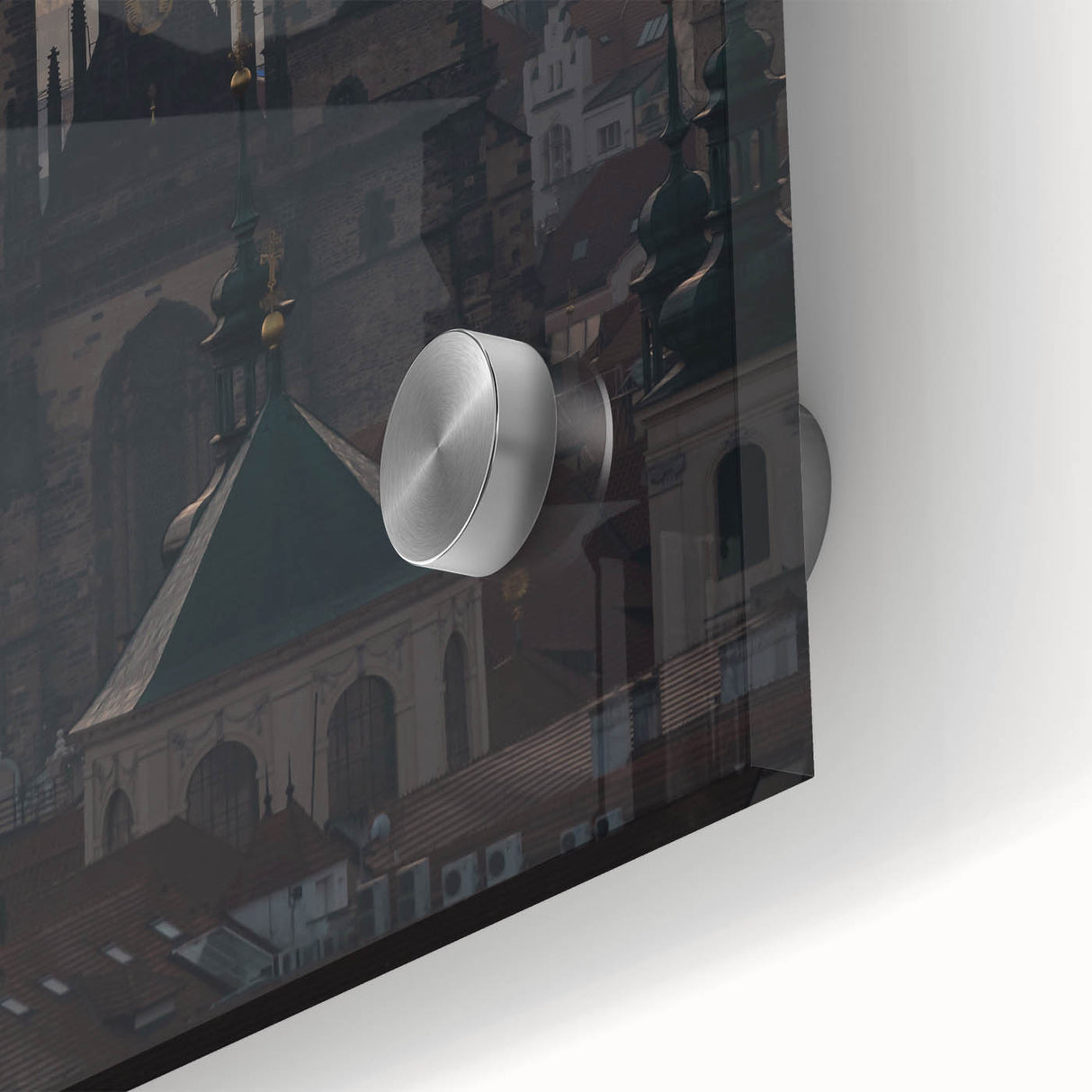 Large abstract wall art of Prague's cityscape in muted earth tones on acrylic glass, ideal for dining room art.