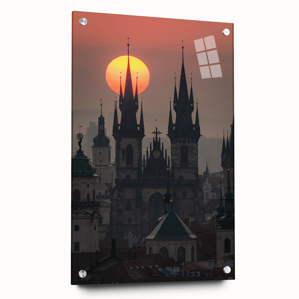 Acrylic print of Prague skyline with muted earth tones, ideal for dining room decor.