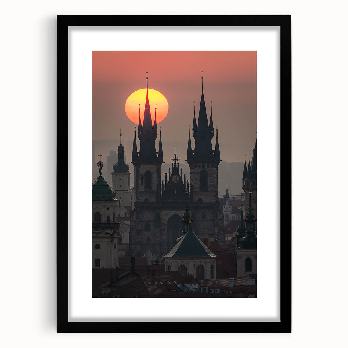 Colorful abstract art print of Prague scenery in vibrant hues on a large textured canvas, ideal for living room decor.
