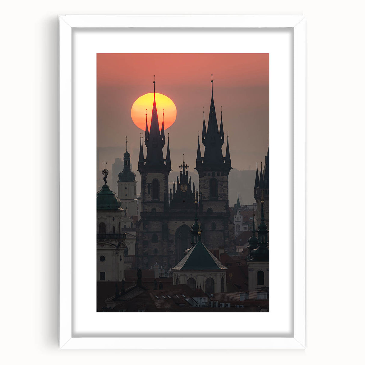 Textured art print of an abstract Prague cityscape in muted gray tones on a framed white mat, suitable for bedroom decor.
