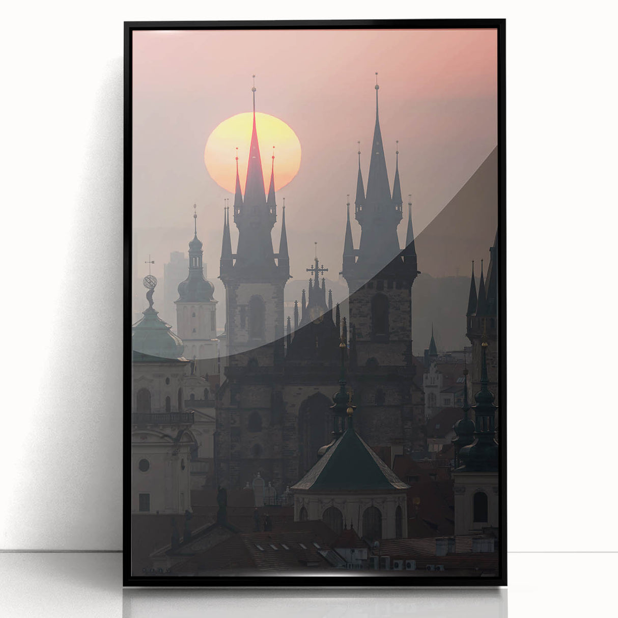 Large abstract wall art of Prague skyline in muted black and gray tones on a framed acrylic.