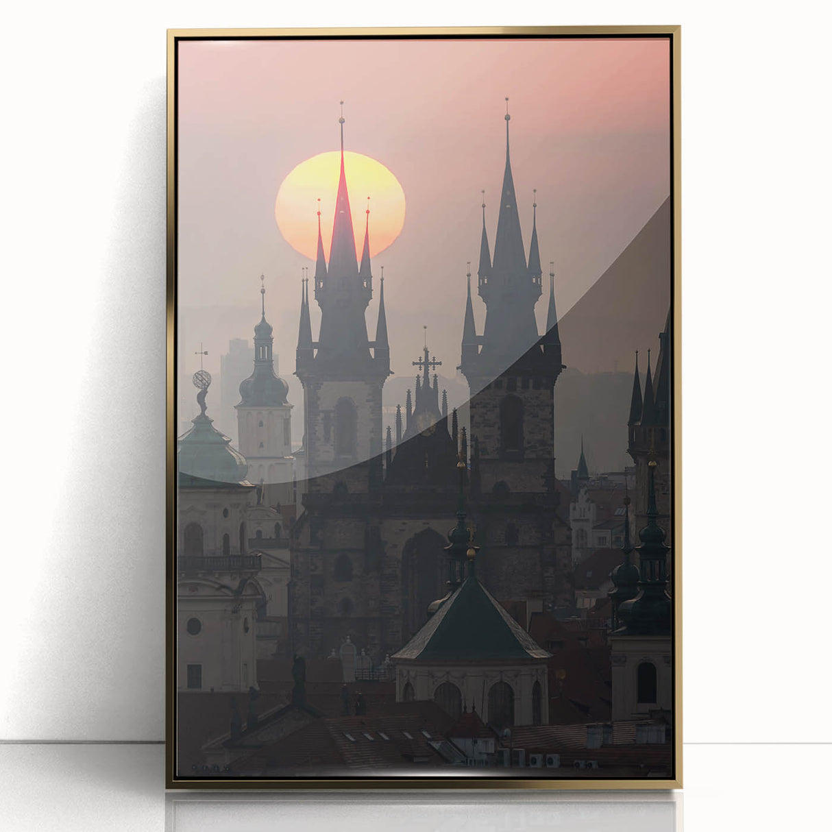 Art deco style poster of Prague skyline in gold and black tones, acrylic framed, suitable for modern art wall decor.