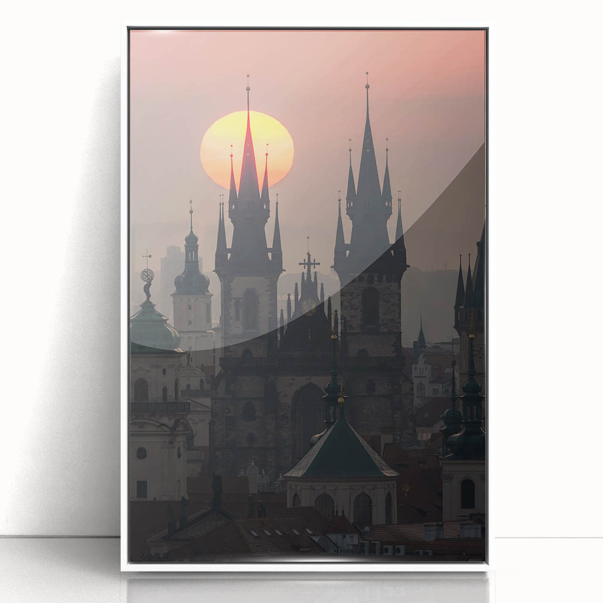 Mid-century modernist art of Prague skyline in muted colors on framed acrylic, suitable for modern art wall decor.