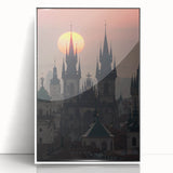 Mid-century modernist art of Prague skyline in muted colors on framed acrylic, suitable for modern art wall decor.