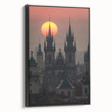 Black and white framed canvas of Prague landscape, ideal for bedroom wall art in vintage poster style.