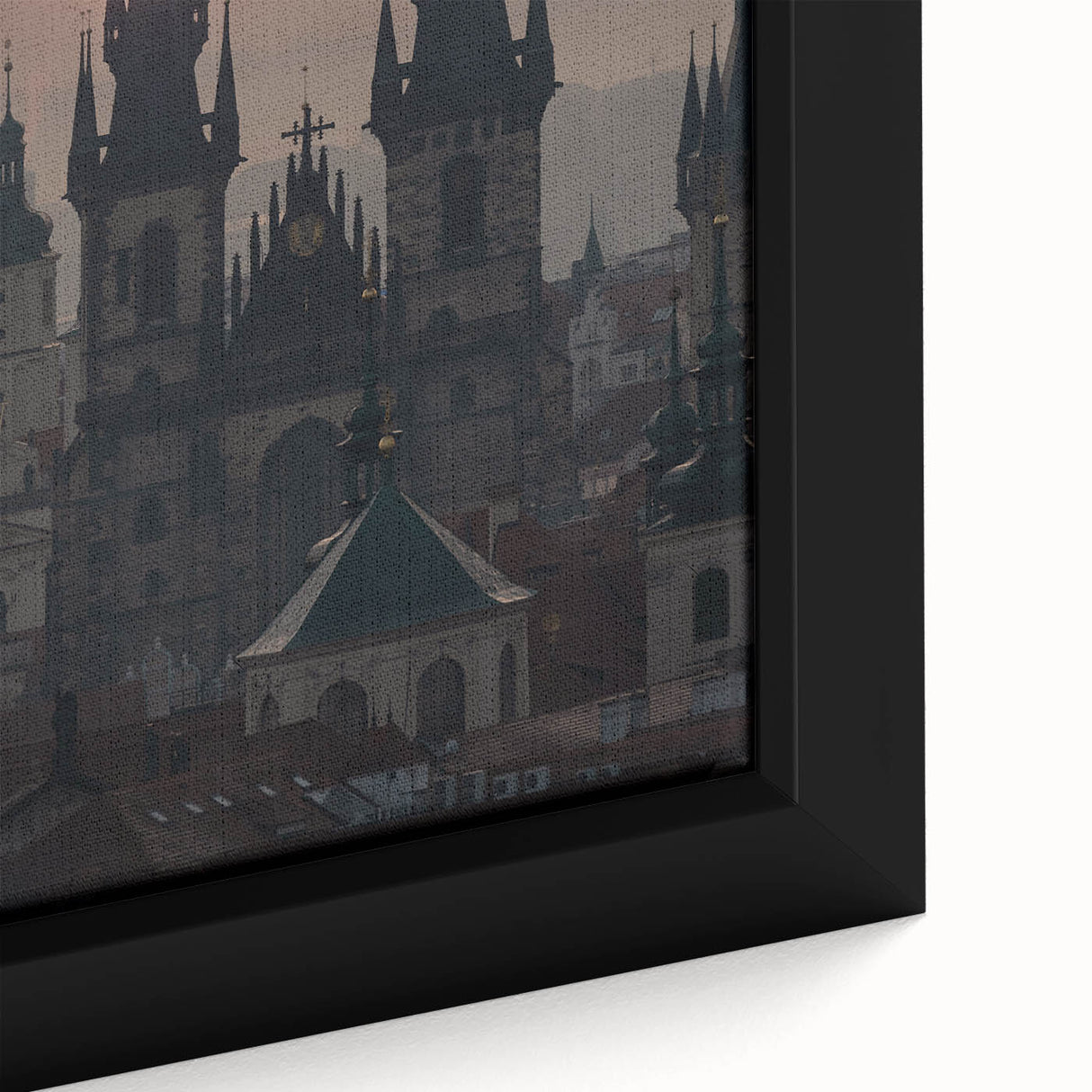 Extra large framed canvas of a textured Prague scenery in black with colorful accents, ideal for living room decor.