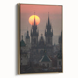 Framed canvas of a vintage Prague landscape in black and gold, ideal for bedroom wall art.