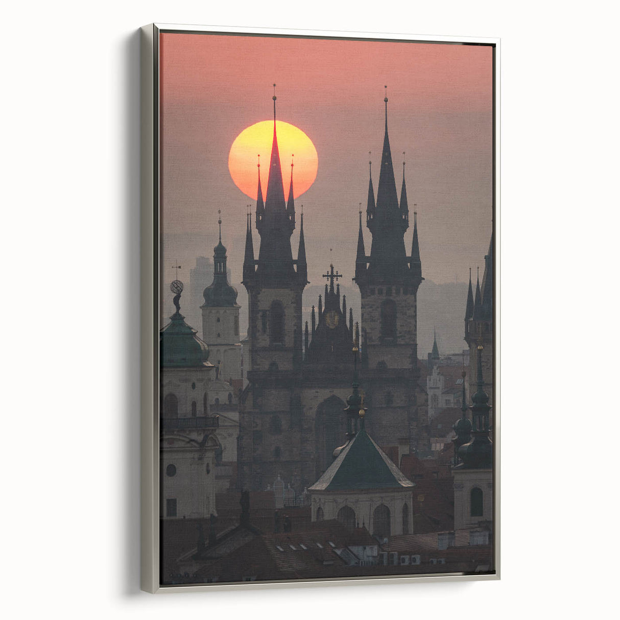 Framed canvas of a vintage Prague landscape in muted colors, ideal for living room decor.
