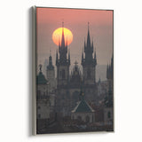 Framed canvas of a vintage Prague landscape in muted colors, ideal for living room decor.
