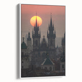 Vintage poster art of Prague on framed canvas, featuring colorful imagery on a black background.