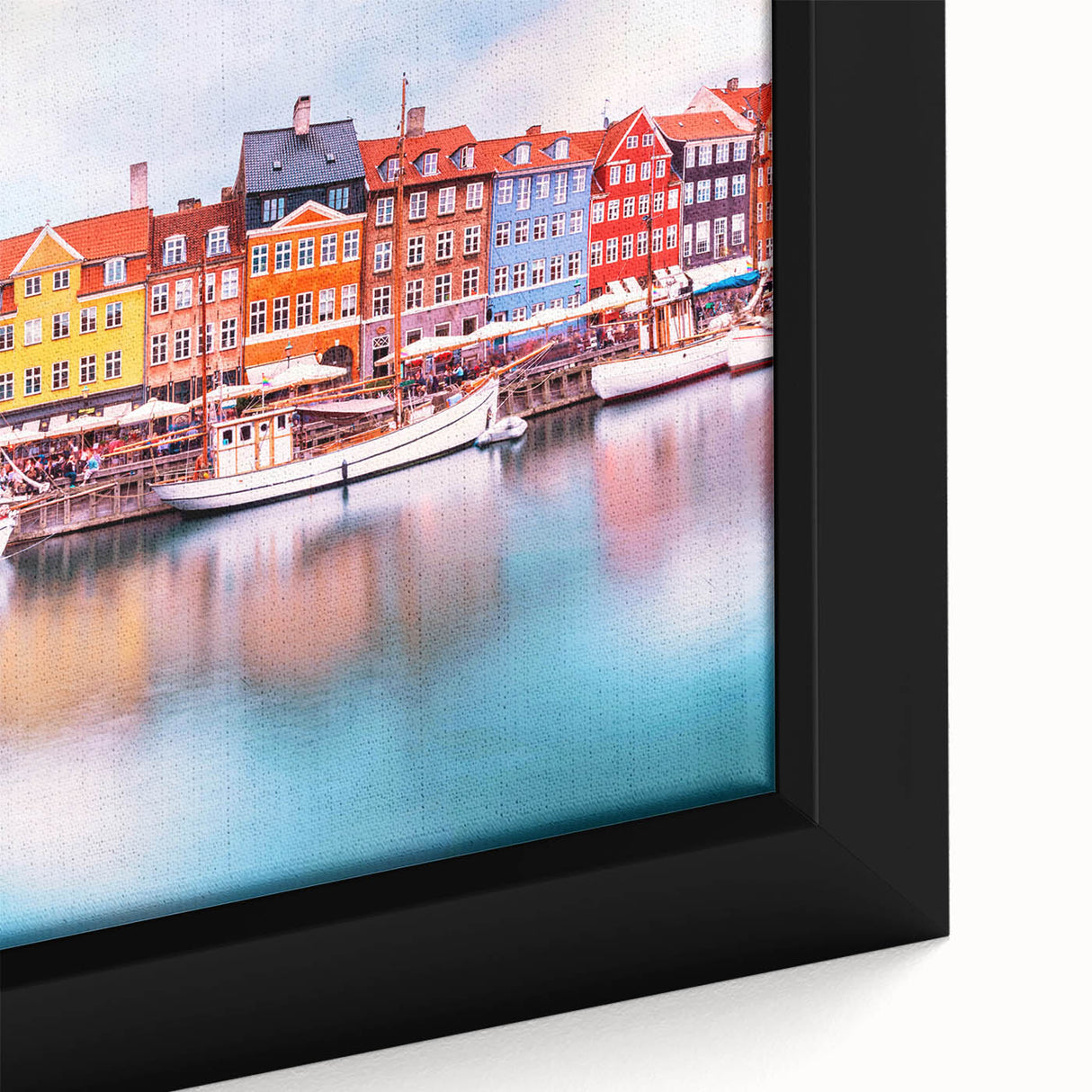 Extra large framed canvas depicting a textured, colorful European scenery, ideal for living room decor.