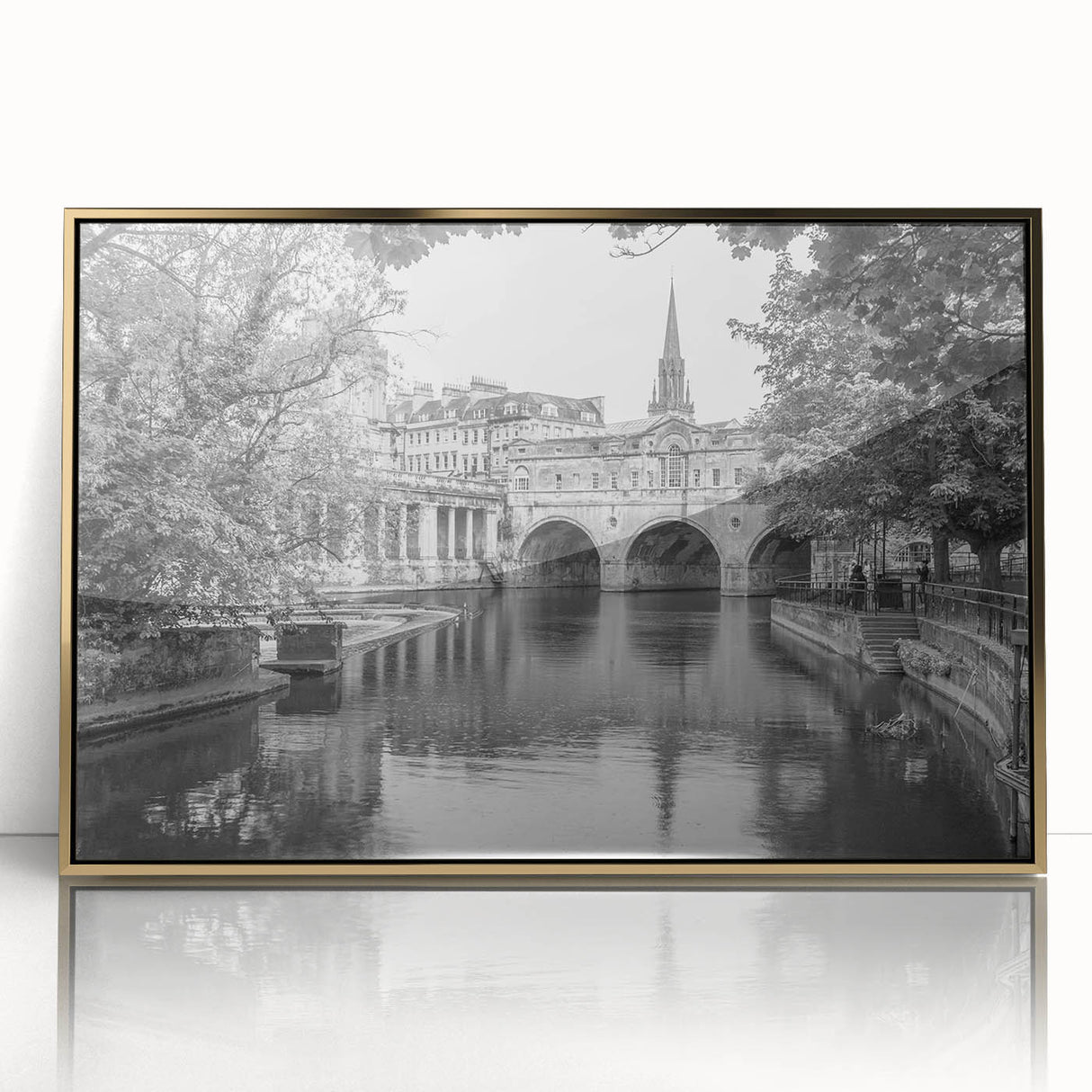 Art deco poster of Bath, England in muted gold tones on framed acrylic, ideal for modern art wall decor.