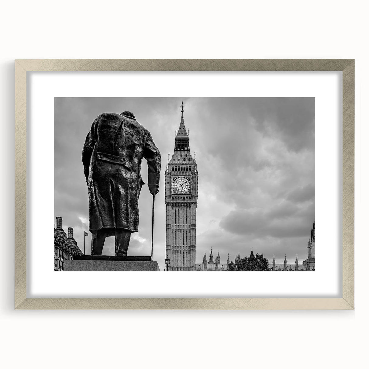 Extra large abstract art print of London scenery in muted gray and silver frame, ideal for living room decor.
