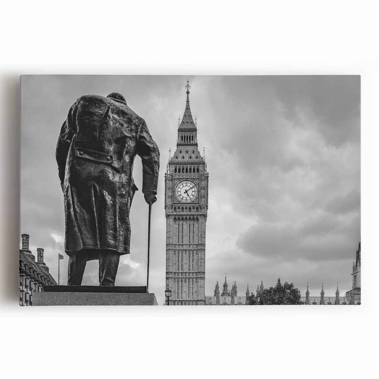 Black and white canvas print of the London skyline, ideal for kitchen wall art or bedroom ambiance.