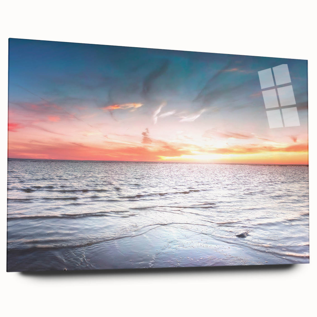 Large abstract wall art of a European landscape in muted blues and greens on acrylic glass.
